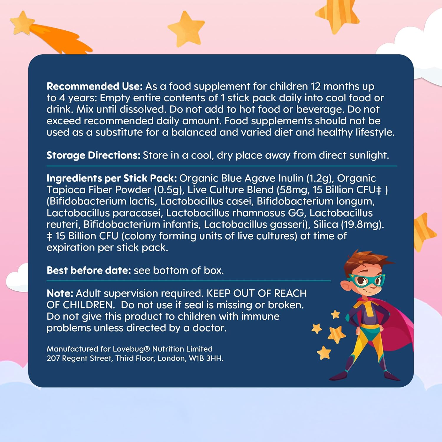 Lovebug Kids Probiotic Powder with Prebiotic Fiber - Toddler Immunity Support & Constipation Relief - USDA Organic Probiotics for Childrens Gut & Digestive Health (Ages 1-4) - 30 Pack (Unflavoured) - Image 7