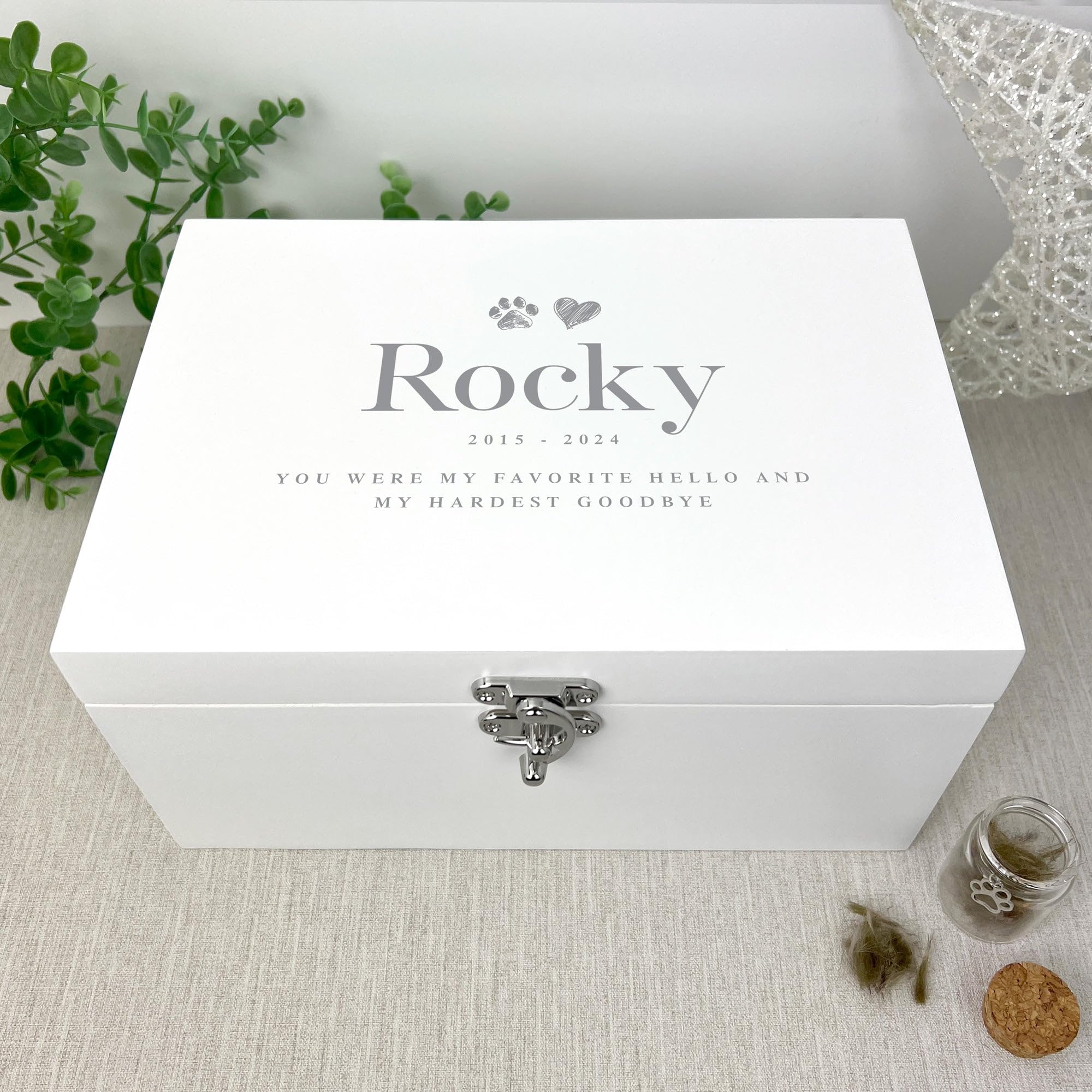 Caja de recuerdo de madera blanca personalizada para mascotas | Regalo de condolencias por la pérdida de mascotas | 27 x 19 x 14 cm