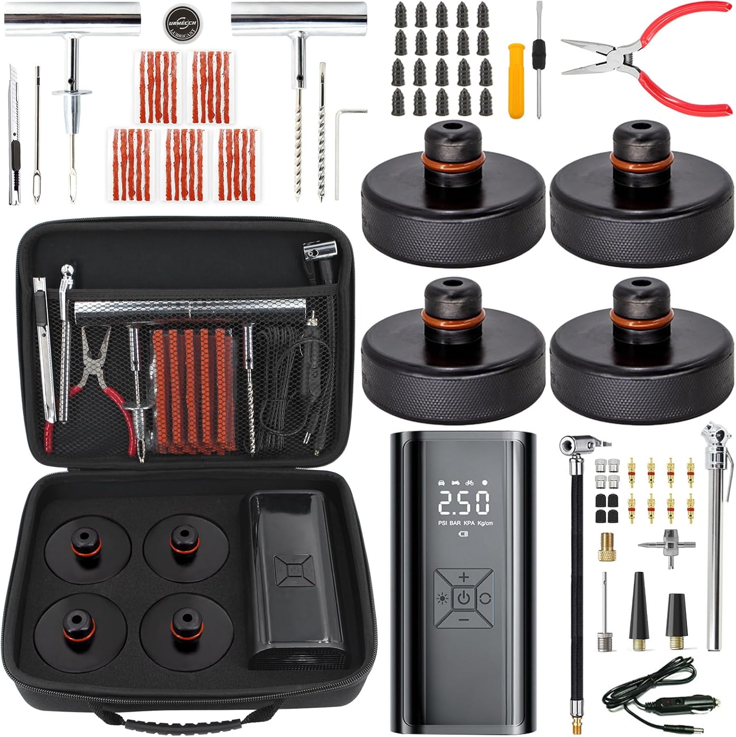 4PCS Lifting Jack Pad for Tesla Model 3/Y/S/X with Tire Repair Kit & Digital Tire Inflator Pump Air Compressor - Rubber Floor Jack Pucks Adapter, Portable Car Tire Repair Tool Kit