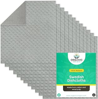 Swedish Dishcloths For Kitchen -12 pack Biodegradable & Compostable - Reusable Dish Cloths for Cleaning -100% Natural Dish Rags For All Surfaces - Sustainable Kitchen Essentials By Organic Origin