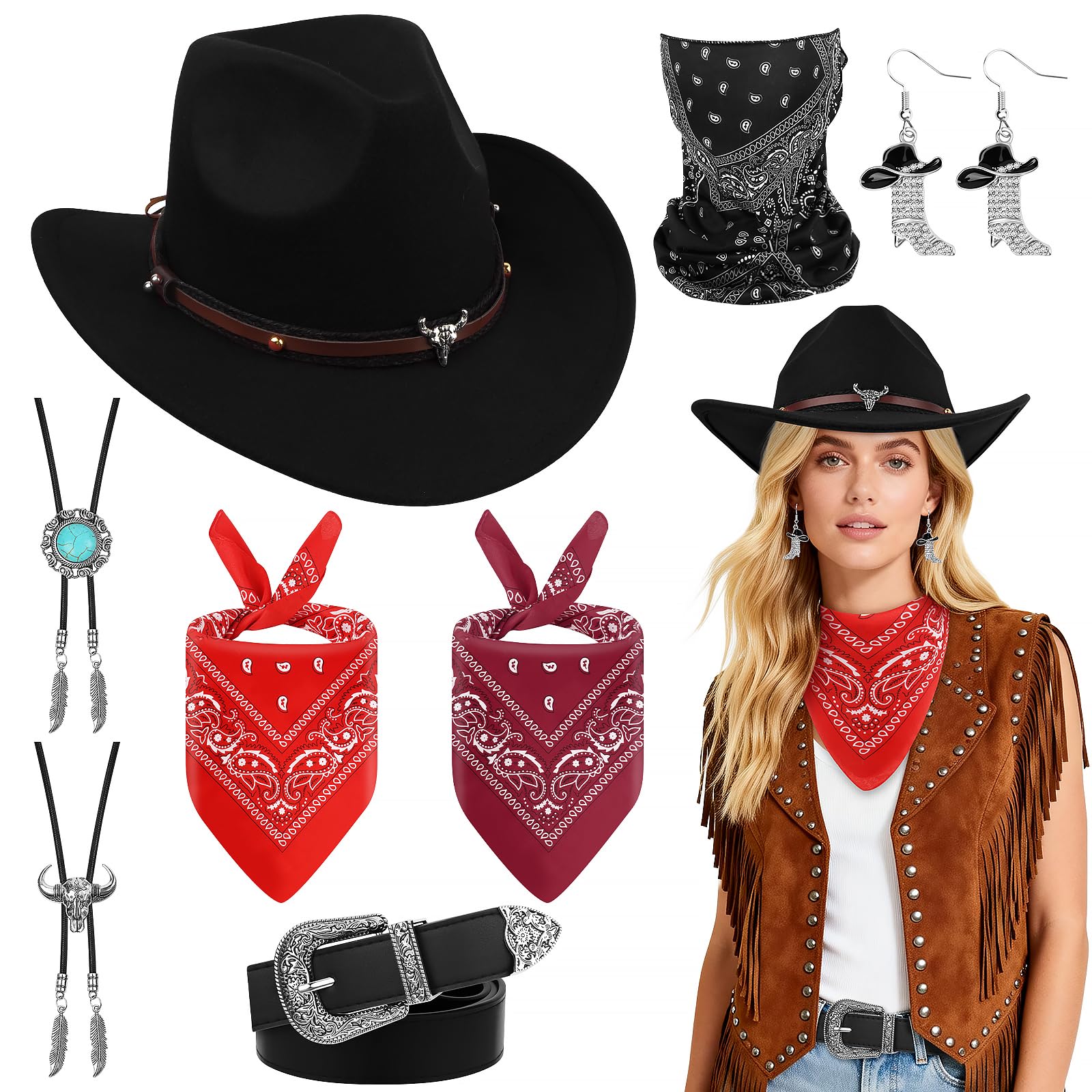 Cowgirl Costume for Women Full Set 8 Pieces Cowgirl Costume for Adults Teens with Cowboy Hat and More Cowgirl Comprehensive Accessories for Party