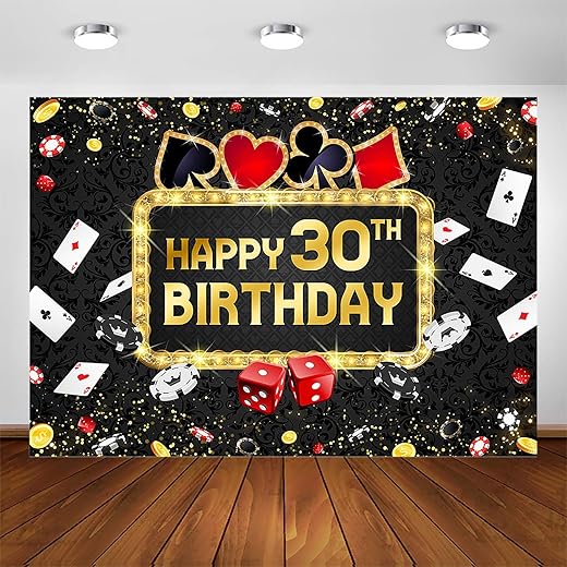 Avezano Casino Birthday Backdrop Las Vegas Casino Night Happy Birthday Photography Background Casino Night Theme Birthday Decorations Backdrops Cake Table Banner (30th, 7x5ft)