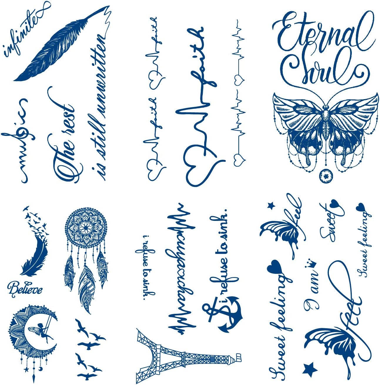 Semi-permanent English Words Temporary Tattoos, 6-Sheet 2 Weeks Long Last Waterproof Eglish Tattoos,Plant-Based Ink Tattoos Sticker for Adult Children
