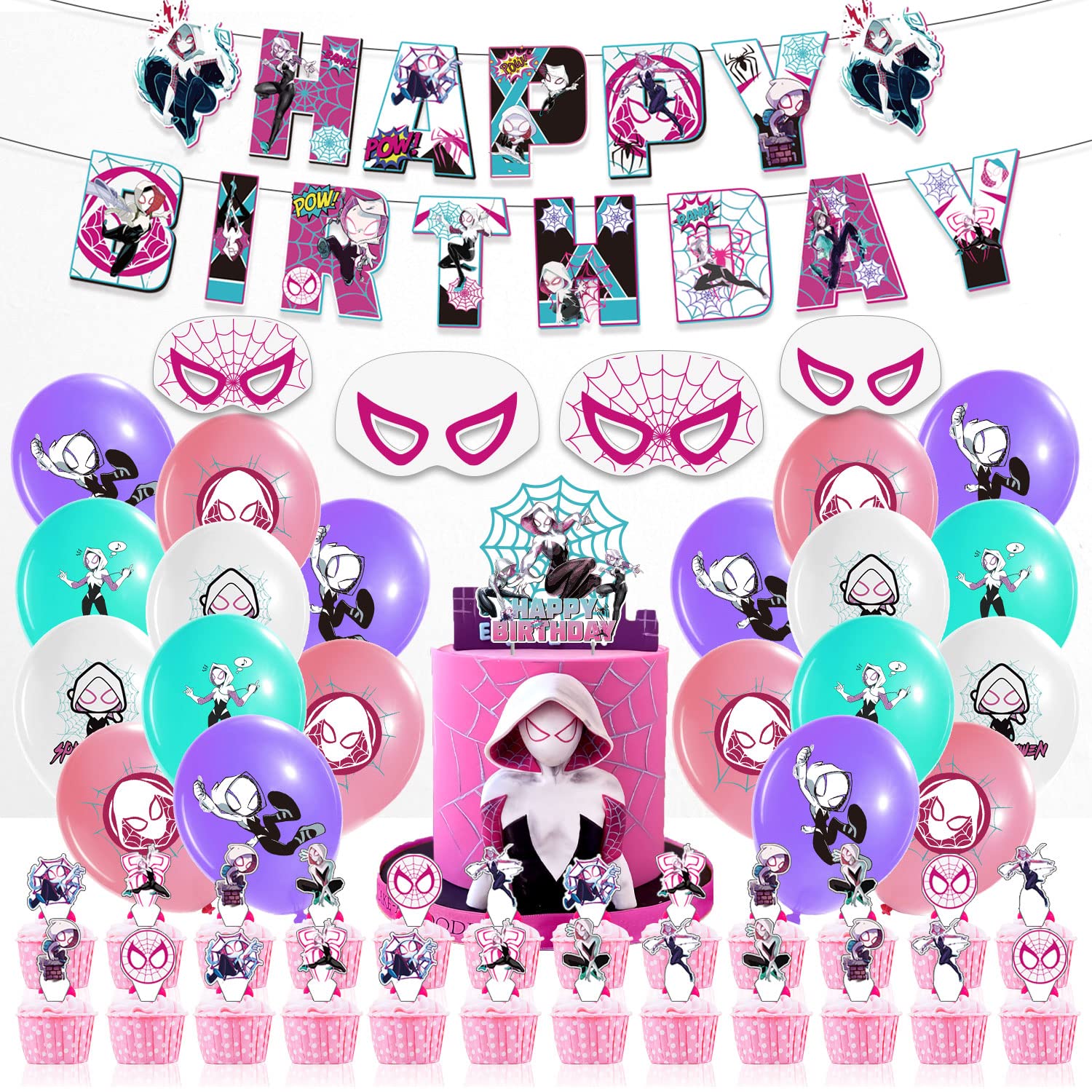 Birthday Party Supplies, Birthday Party Decorations Includes Masks, Cupcake Toppers Banner Latex Balloons Birthday Decorations for Girls
