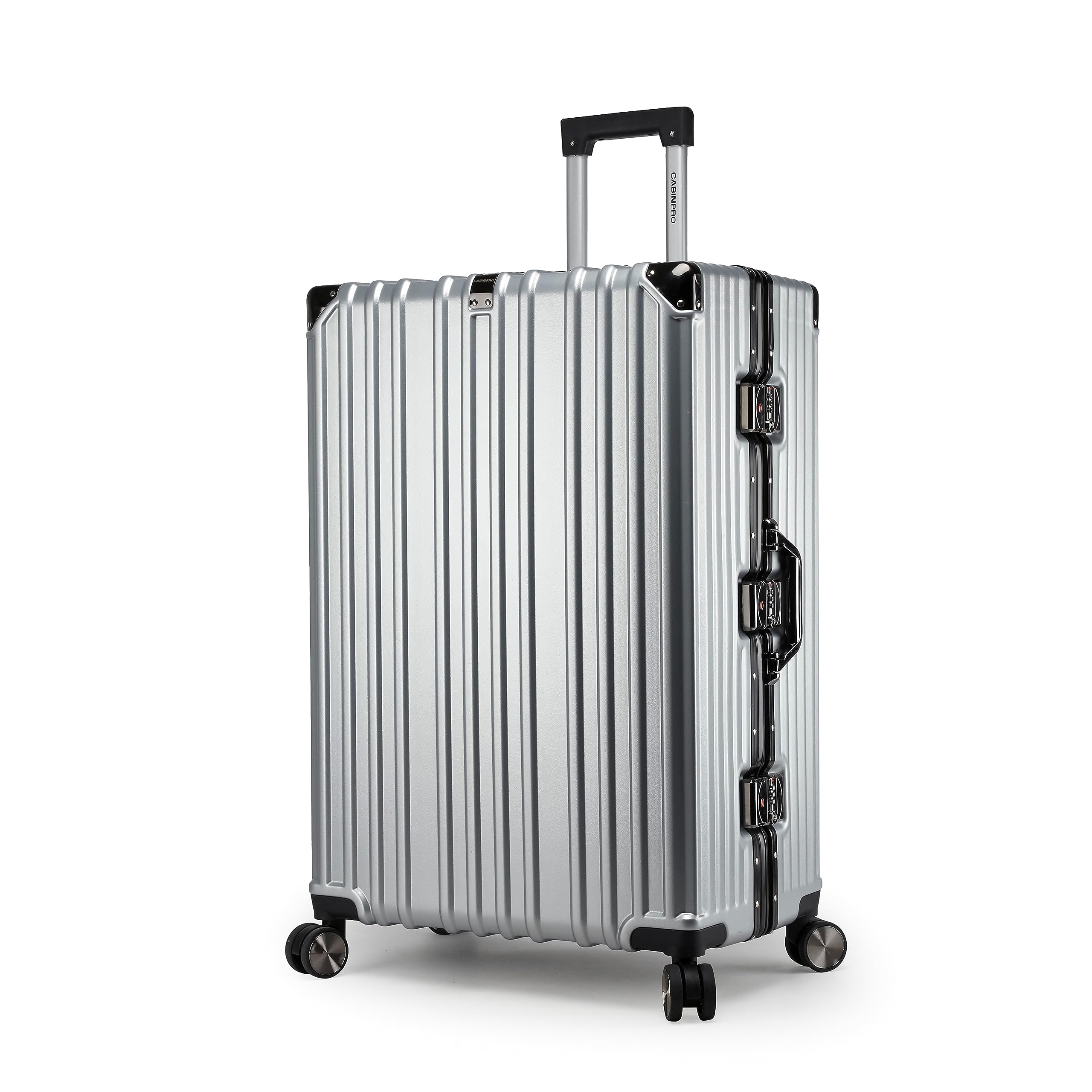 Cabin Pro Light Weight Aluminum Frame Fashion Trolley Luggage Polycarbonate Hard Case Checked Luggage with 4 Quite 360° Double wheels, CP001 (Checked Luggage 28-Inch, Silver)