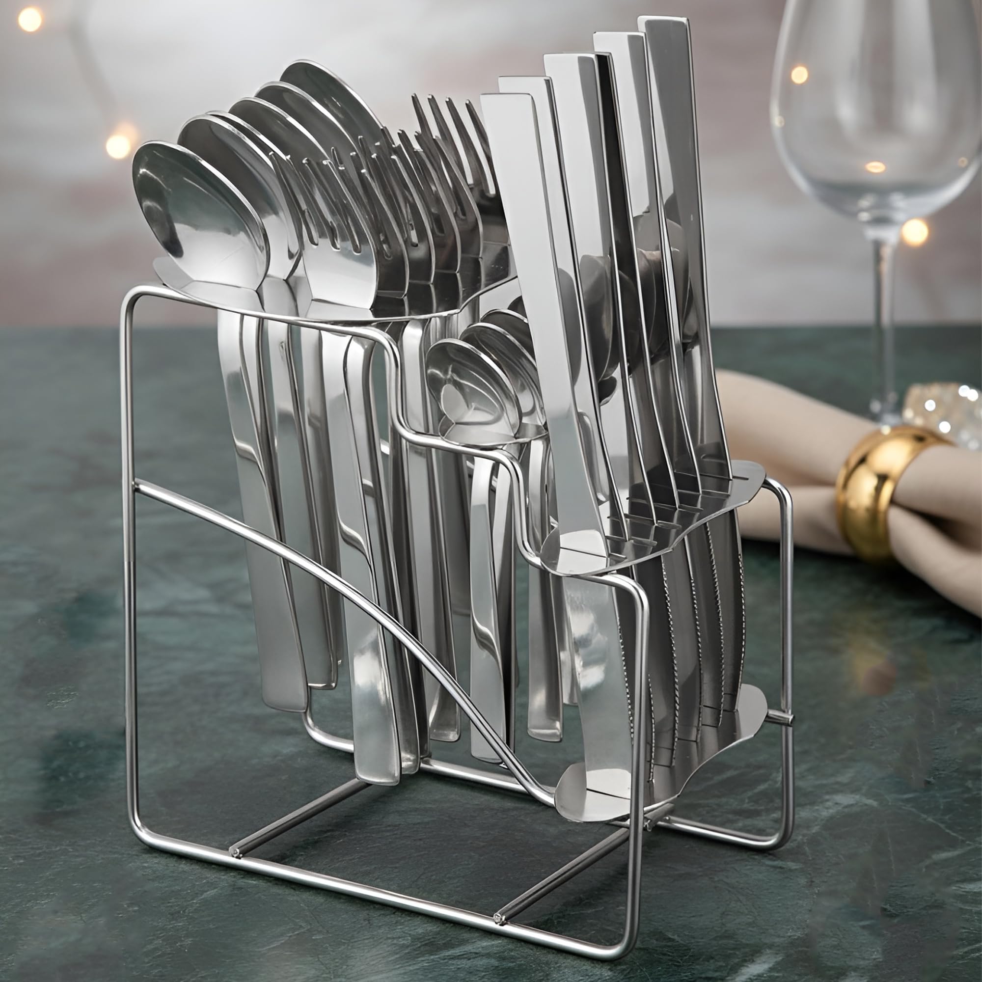 Parage Fantasy Stainless Steel Cutlery Set - Set of 25 (Contains: 6 Table Spoons, 6 Tea Spoons, 6 Forks, 6 Knives, 1 Stand), Spoon Set, Cutlery Set for Dining Table Stylish, Silver