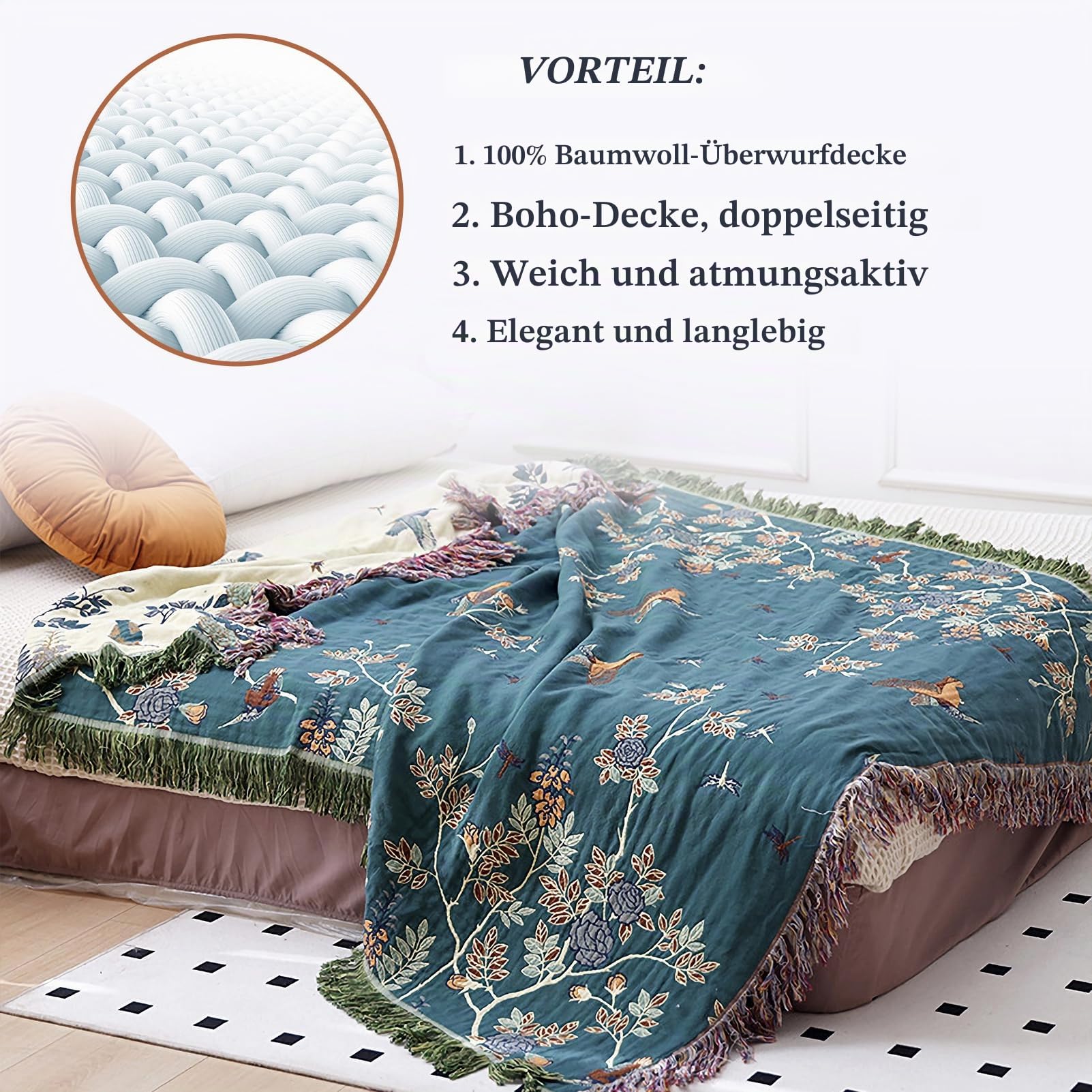 Doppelseitige böhmische Decke - 100% Bio-Baumwolle, handgewebte Bett- und Sofadecke, gemütlicher Boho-Akzent für 2-3-Sitzer Sofas und Sessel - 200x230cm,Deep Blue