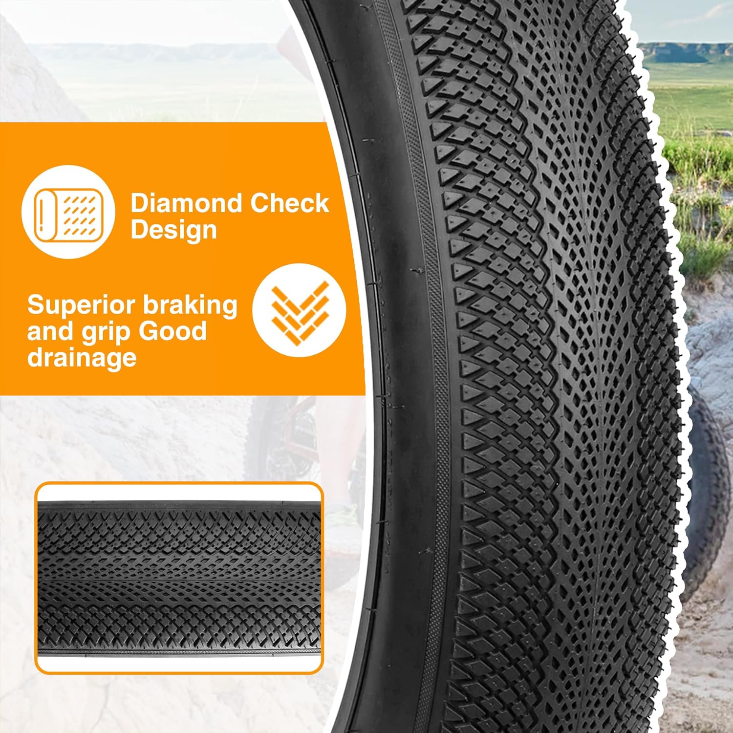 MEGHNA Bike Tire 20/24/26 x 4.0 Mountain Bike Fat Tire with Tubes Groove Tread Foldable Tire 24 inch Replacement for Snow Bike Fat Bike Electric Bike