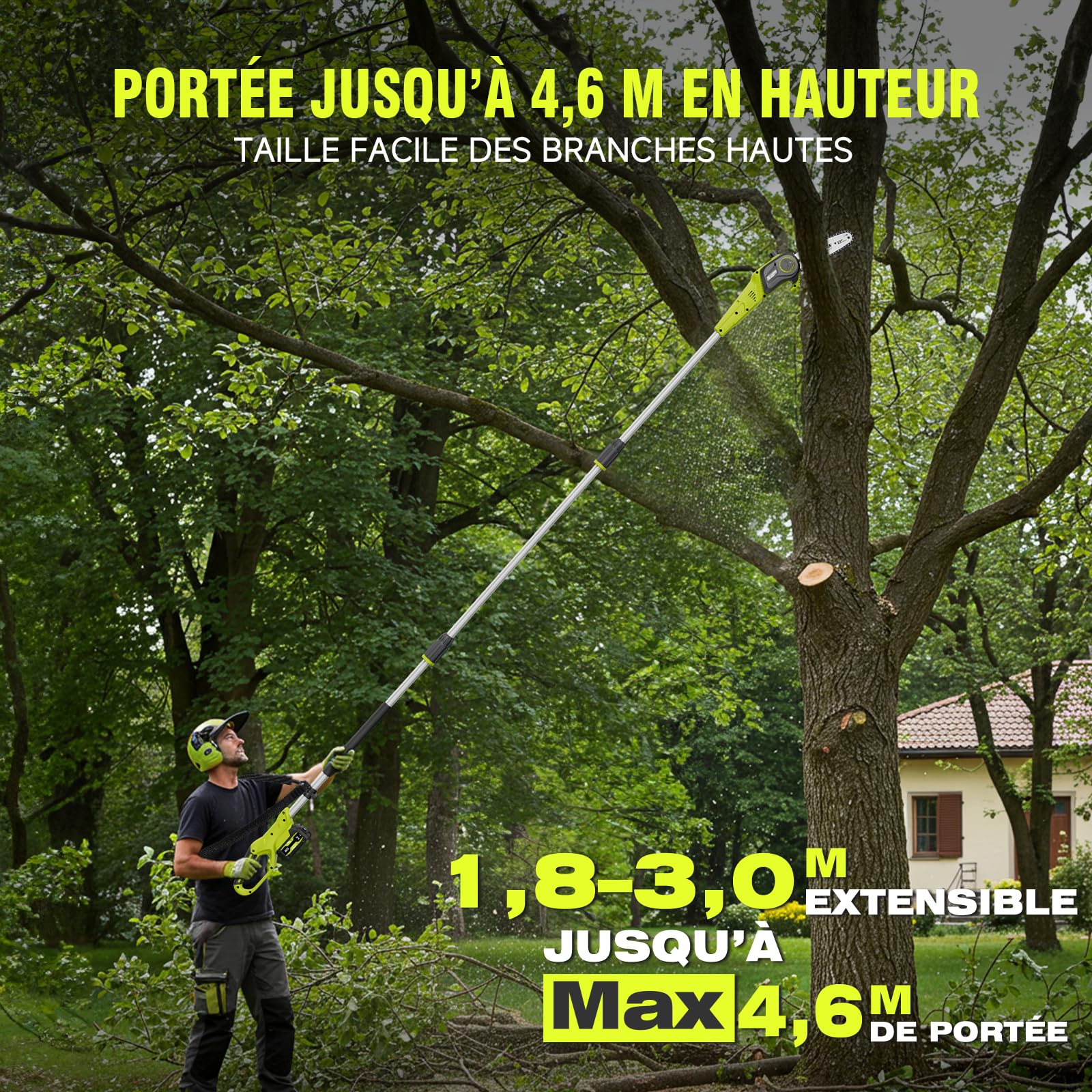 Alloyman Élagueur sur perche sans fil 20V MAX, élagueuse électrique avec tube d’extension, 2 batteries 20V 4,0 Ah et chargeur, lame de 20 cm, 4KG, vitesse de chaîne 5,5 m/s, lubrification automatique