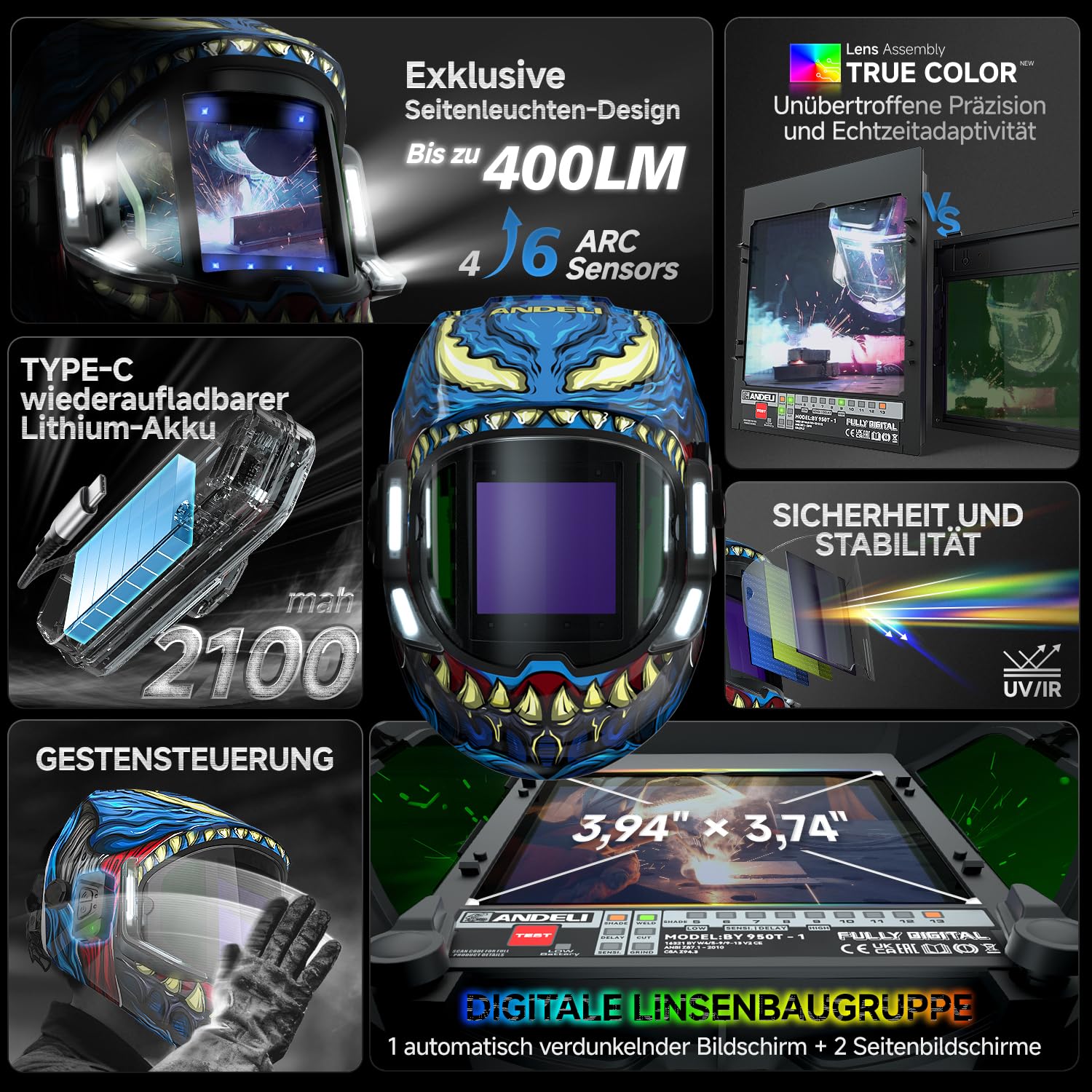 ANDELI Automatik Schweißhelm – 180° Panorama, 6 Sensoren, Bewegungssteuerung, 4 LED, Echtfarben 1/1/1/1, 2100mAh Akku, USB-C für MIG/MAG/Wig/MMA/Schleifen/Schneiden