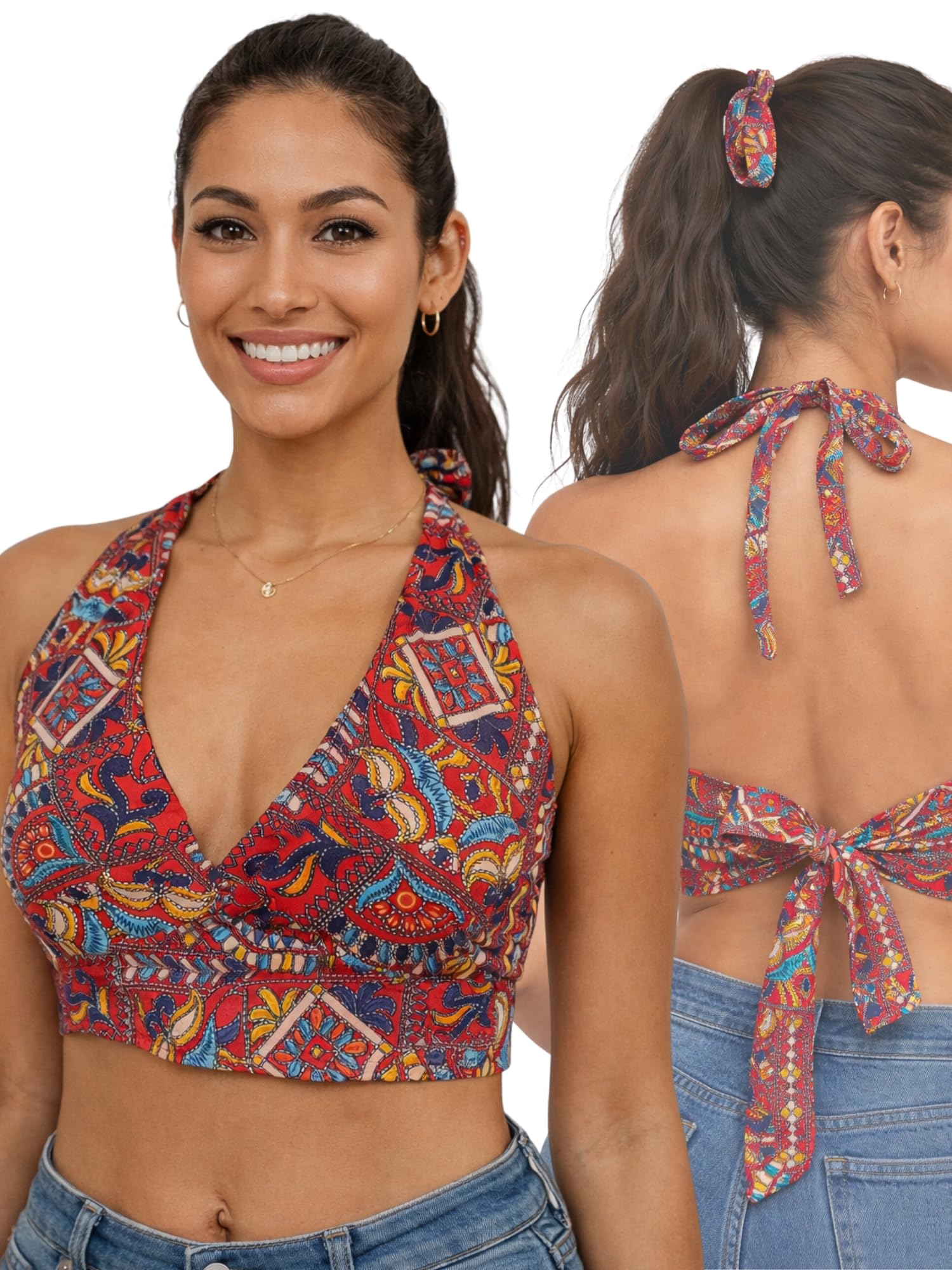 girlcode Women's Halter Neck Crop Top, Floral Print, American Crepe Fabric, Backless Design with Tie-Up Detail (in, Alpha, Free Size, Regular, JP-Maroon)-picture-48