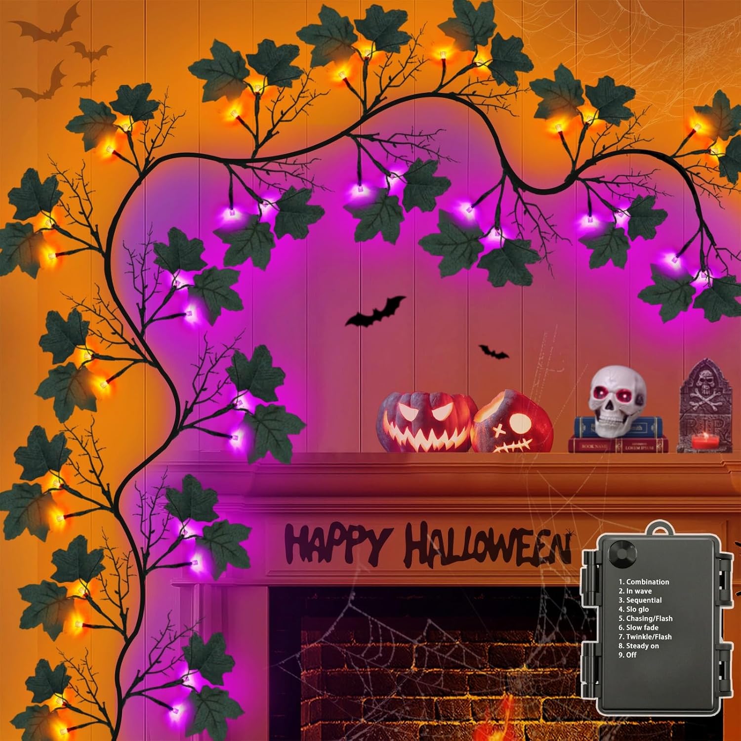 9 FT 72 LED Halloween Decorations Willow Vine Twig Decor with Orange Purple Lights and Dead Branches Black Leaves -Battery Operated 8 Modes for Indoor Wall Fireplace Halloween Decorations