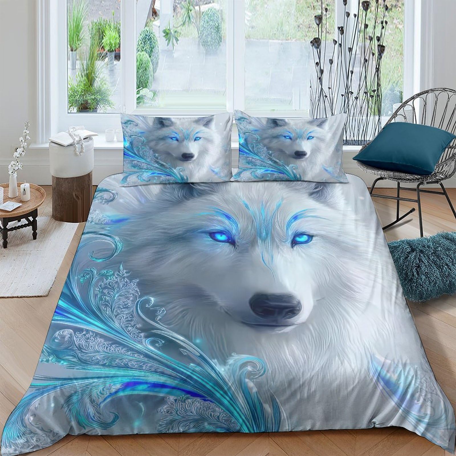Ctjqhvkz Style-7 3D Printed White Wolf Fitted Sheet Microfiber Soft Blue Eyes Forest Bed Cover For Bedroom Guest Room Decor Single（135X200cm）