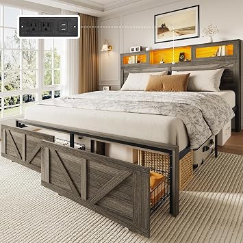 Yoobure Queen Bed Frame with Headboard, Bed Frame Queen Size with Charging Station, LED Beds with 2 Storage Drawers, Wood Farmhouse Bedframe Queen-Size, Noise-Free and No Box Spring Needed