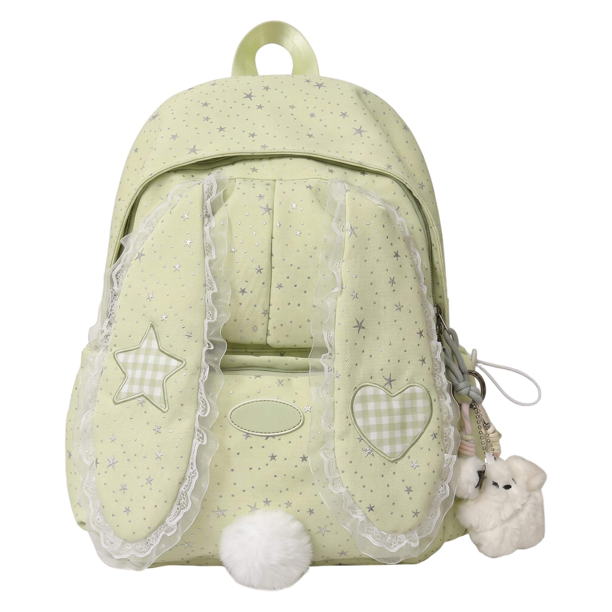 Mochila escolar para niñas, mochila Cute Bunny Y2k con ribete de encaje verde