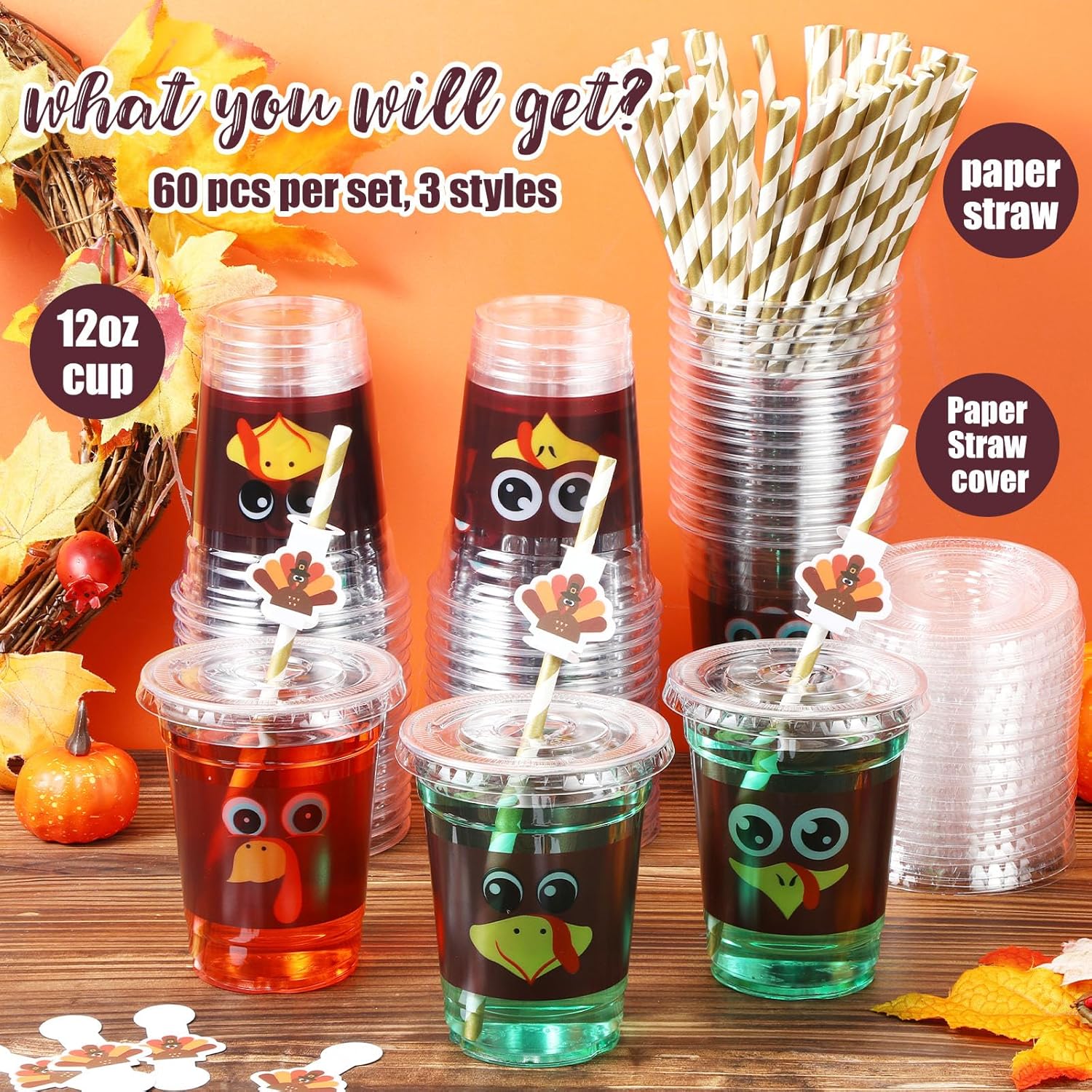 60 Set 12 oz Thanksgiving Turkey Plastic Cups Disposable Clear Cups with Lids Paper Straws and Straw Cover for Thanksgiving Party Supply Beer Beverage Snack Coffee Drink Ice Cream