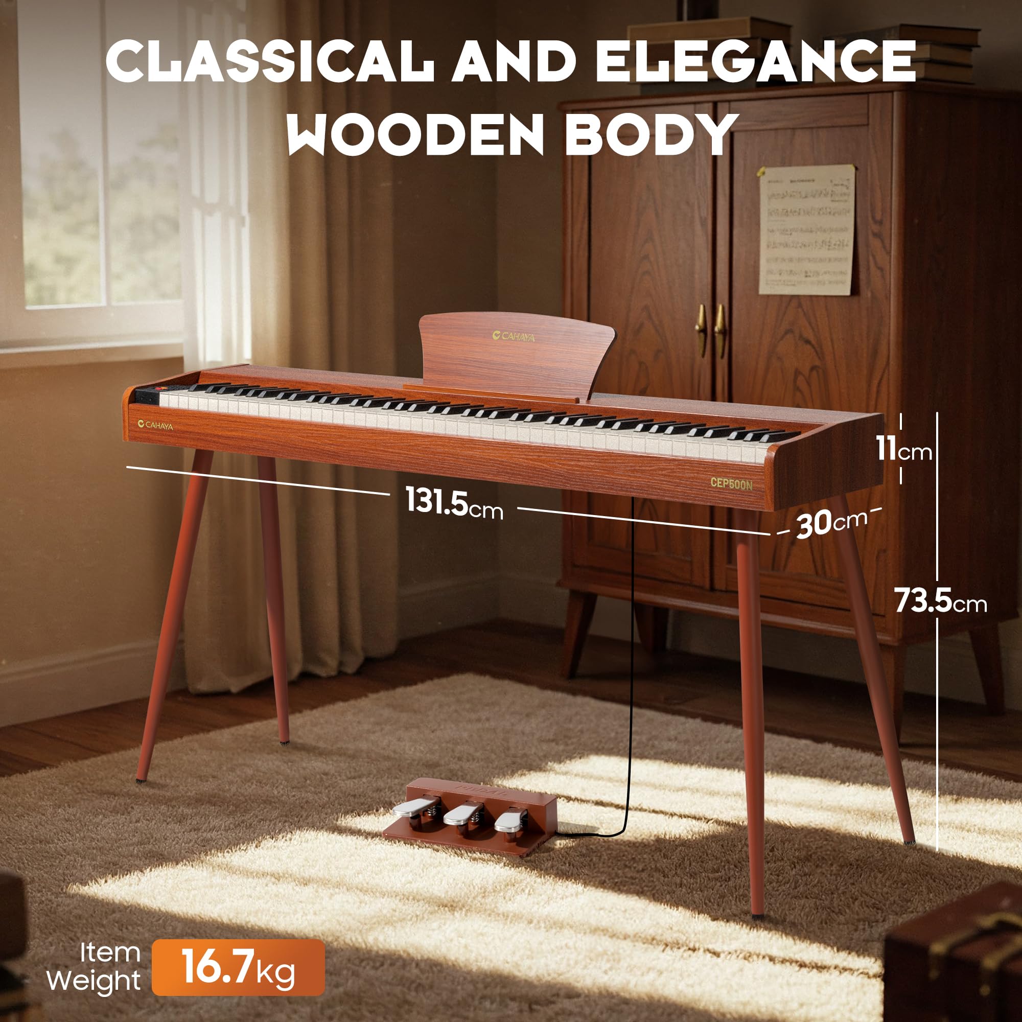 CAHAYA Pianoforte Digitale 88 Tasti – Piano Elettrico a Grandezza Naturale con Tasti Pesati, Corpo in Legno, 380 Suoni, Triplo Pedale per Principianti, Supporta USB-MIDI