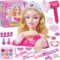 Cleboen Hair Styling Doll Head Makeup Kit - Kids Hair Salon Pretend Playset with Hairdryer, Curling Iron, Washable Makeup for Girls 3-8