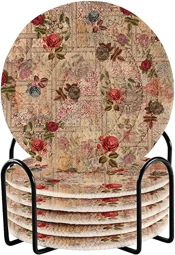 Rose Flower Coasters for Drinks Set of 6 Drink Coasters with Holder Absorbent for Living Room Bar Table Office Home Decor