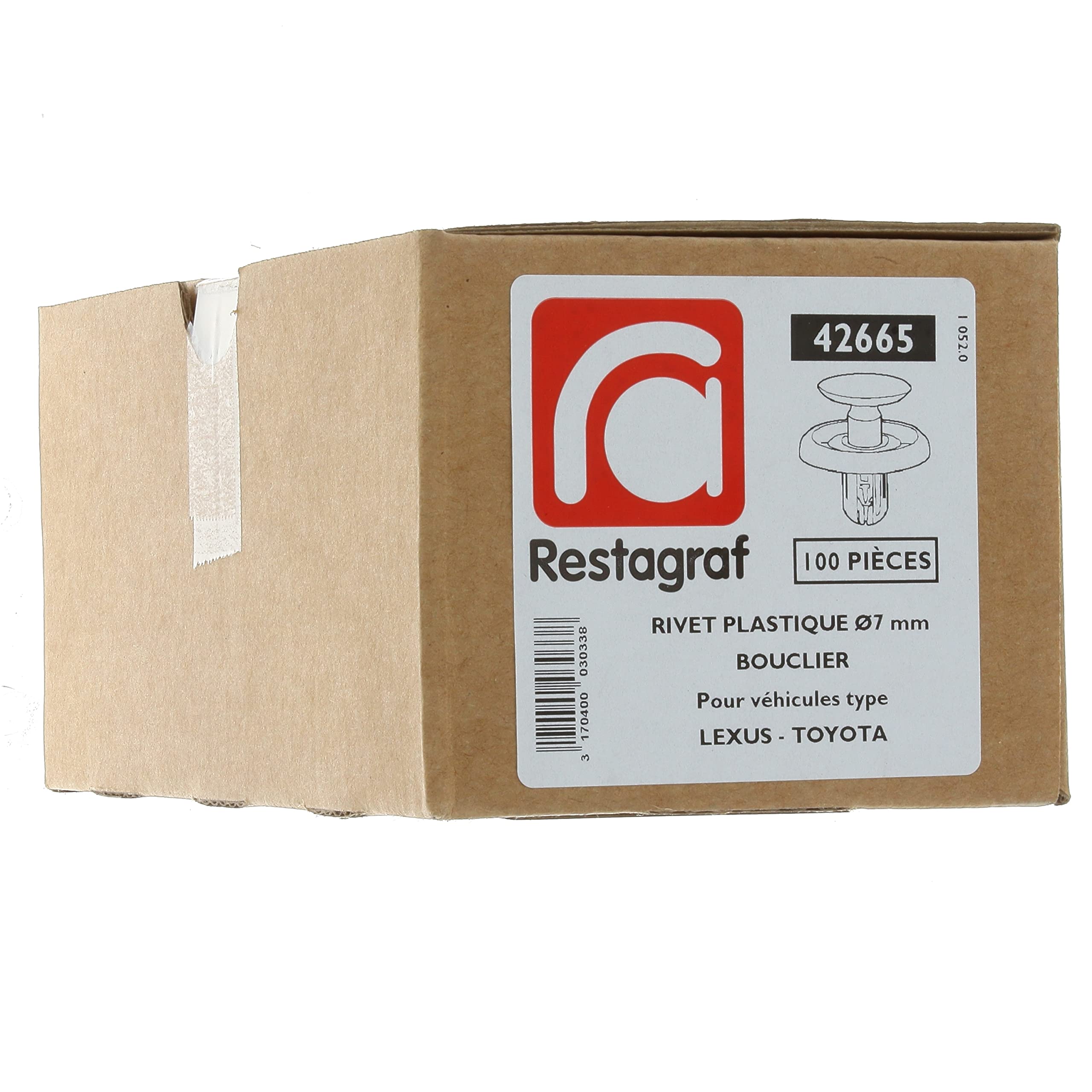 Restagraf - Rivet Plastique pour Fixation Carrosserie - pour Trou 7 mm - Compatible avec Citroën, Lexus, Peugeot, Toyota - Réf. 42665 - Boîte de 100