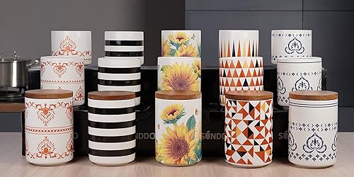 Miniatura 7 de Juego de 3 recipientes de cerámica Sunddo para encimera de cocina con tapa de bambú para café, azúcar y té