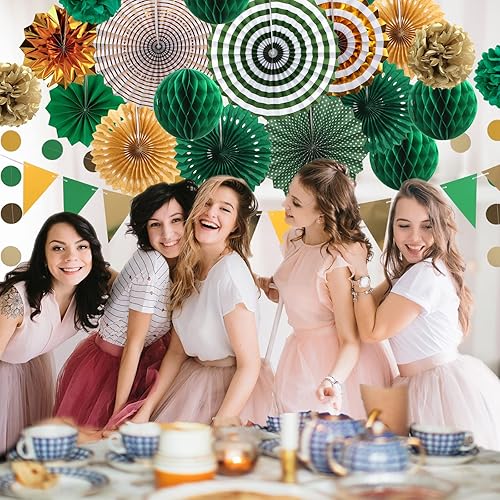 Miniatura 99 de Decoración de fiesta de feliz cumpleaños azul marino y dorado, 24 abanicos de papel colgantes, guirnalda de flores con pompones, guirnalda