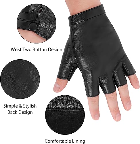 Miniatura 3 de OurHonor Guantes negros sin dedos para hombres y mujeres, guantes de cuero sintético de Halloween, medio dedo, para conducción, disfraz deportivo