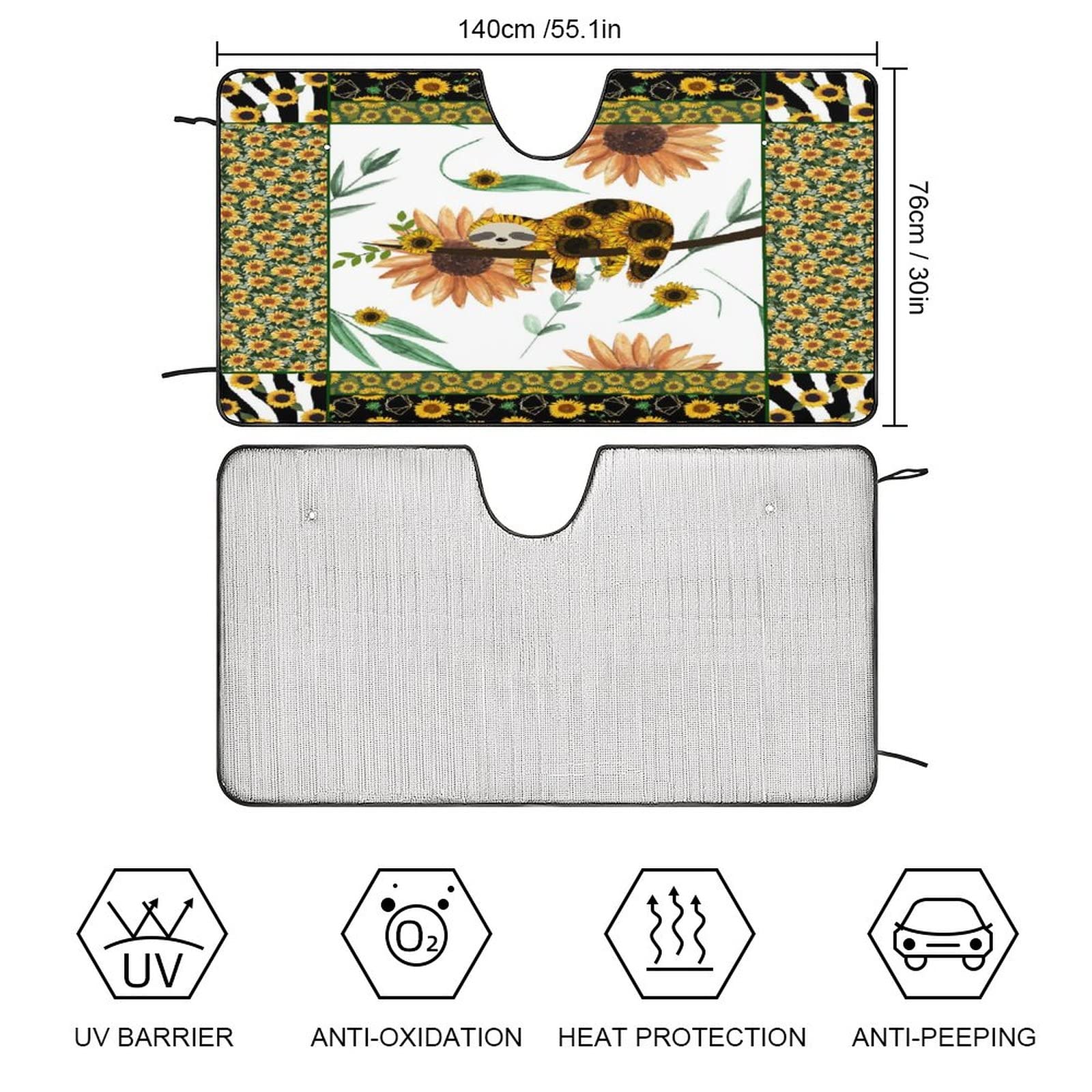 Sunflower Sloth Car Sun Shade Windshield Rustic Country Lovely Jungle Animal Sloth Flower Sunflower for Auto Windshield Covers Most Cars 55L x 30W Inch