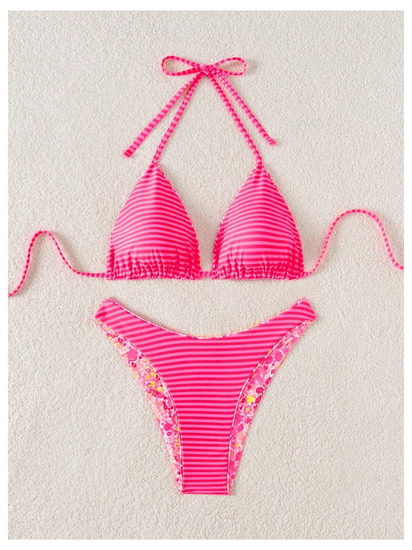 Damski Dwuczęściowy Zestaw Bikini W Kwiaty Paski Halter Stringi Strój Kąpielowy Z Wysokim Stanem Gorący Różowy Mały