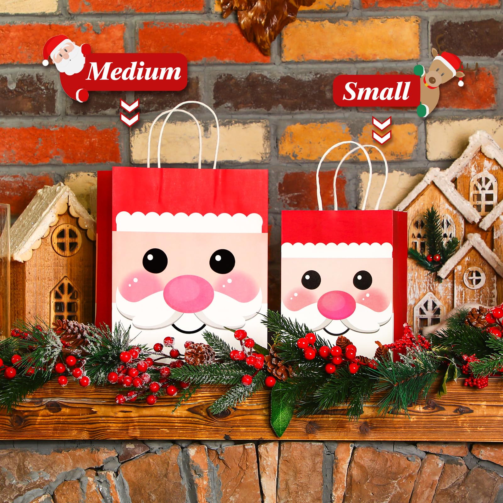 Lot de 24 sacs cadeaux de Noël en papier de soie avec poignées en vrac pour emballage cadeau de Noël, fournitures de fête de vacances (mignon, taille M)