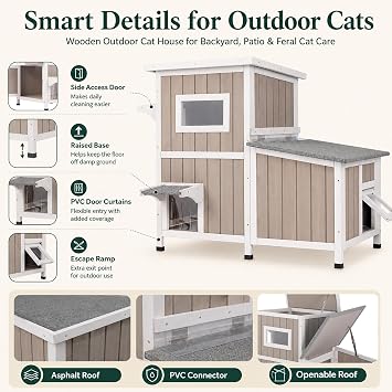 PetsCosset Outrdoor Cat House for 2-3 Cats Safe Outdoor Feral Cat Shelter Weatherproof Wooden Cat Houses with 3 Rooms 3 Escape Doors 2 Openable Asphalt Roofs