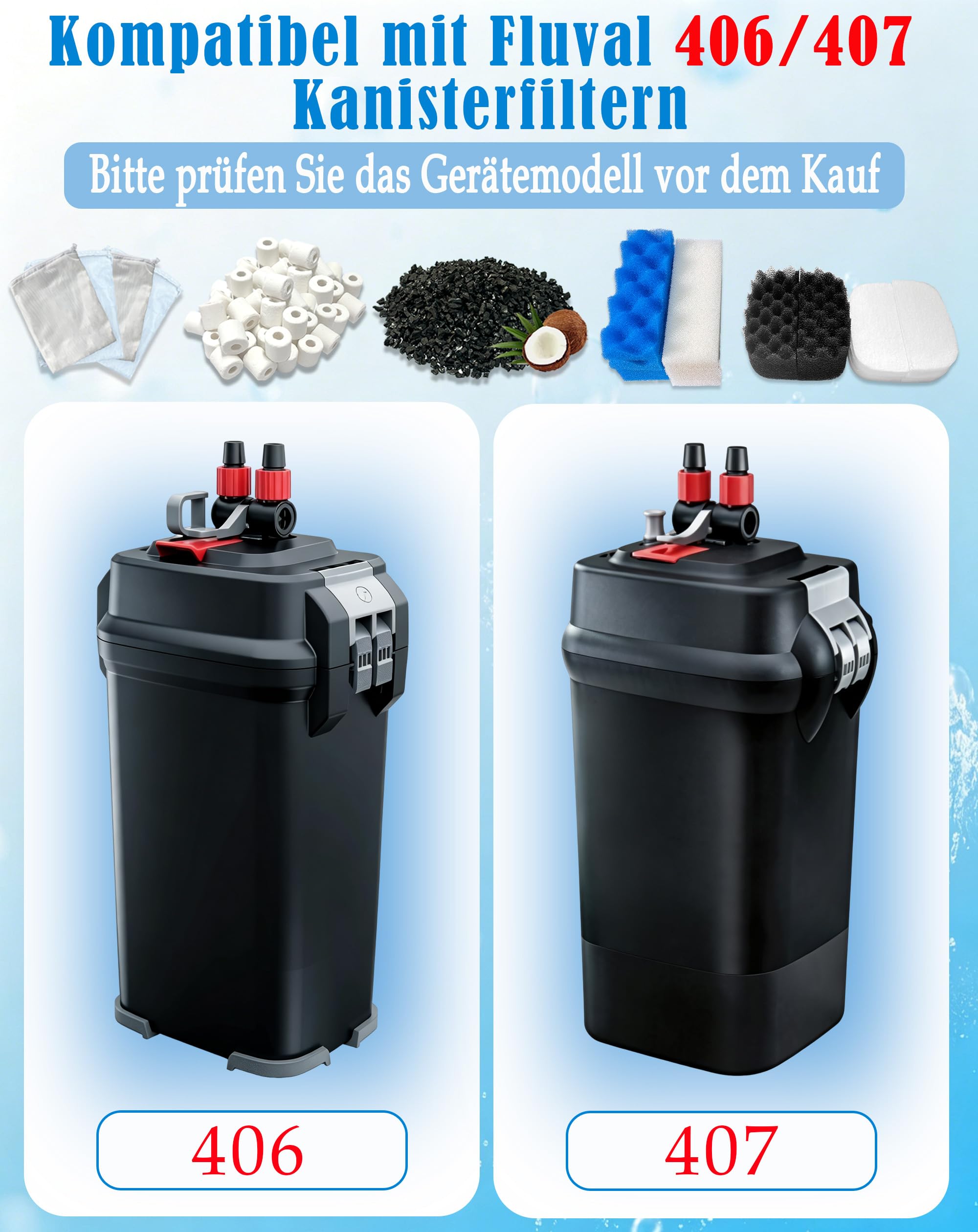 24er-Pack Aquarienfiltermedien, kompatibel mit den Fluval 406/407-Kanisterfiltern, bestehend aus Bioschaum, Aktivkohle und Keramikringen, für Meer- und Süßwasser