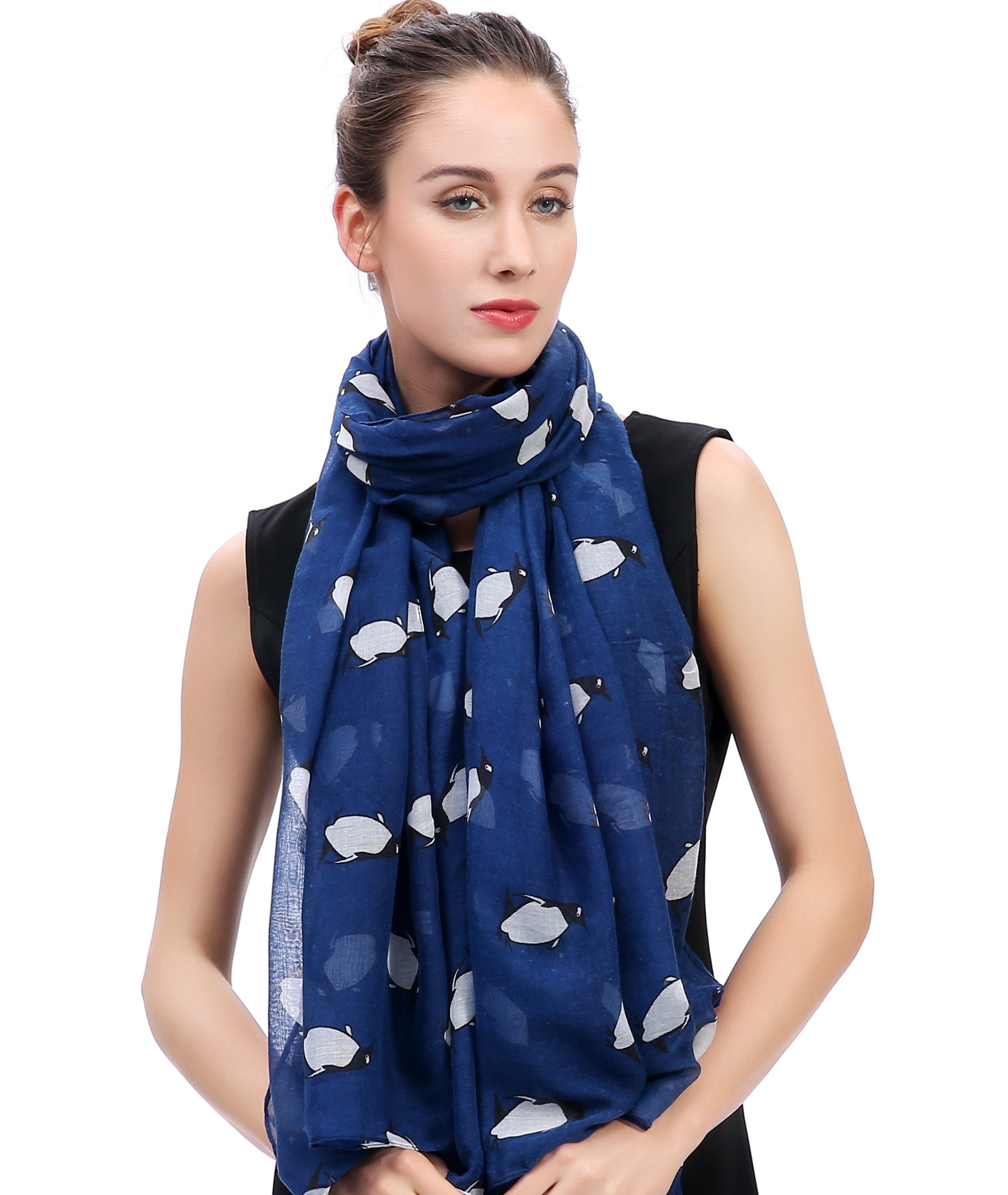 Lina & Lily Women's Navy Blue Penguin Print Scarf Oversized (Blue)(Size: One Size)