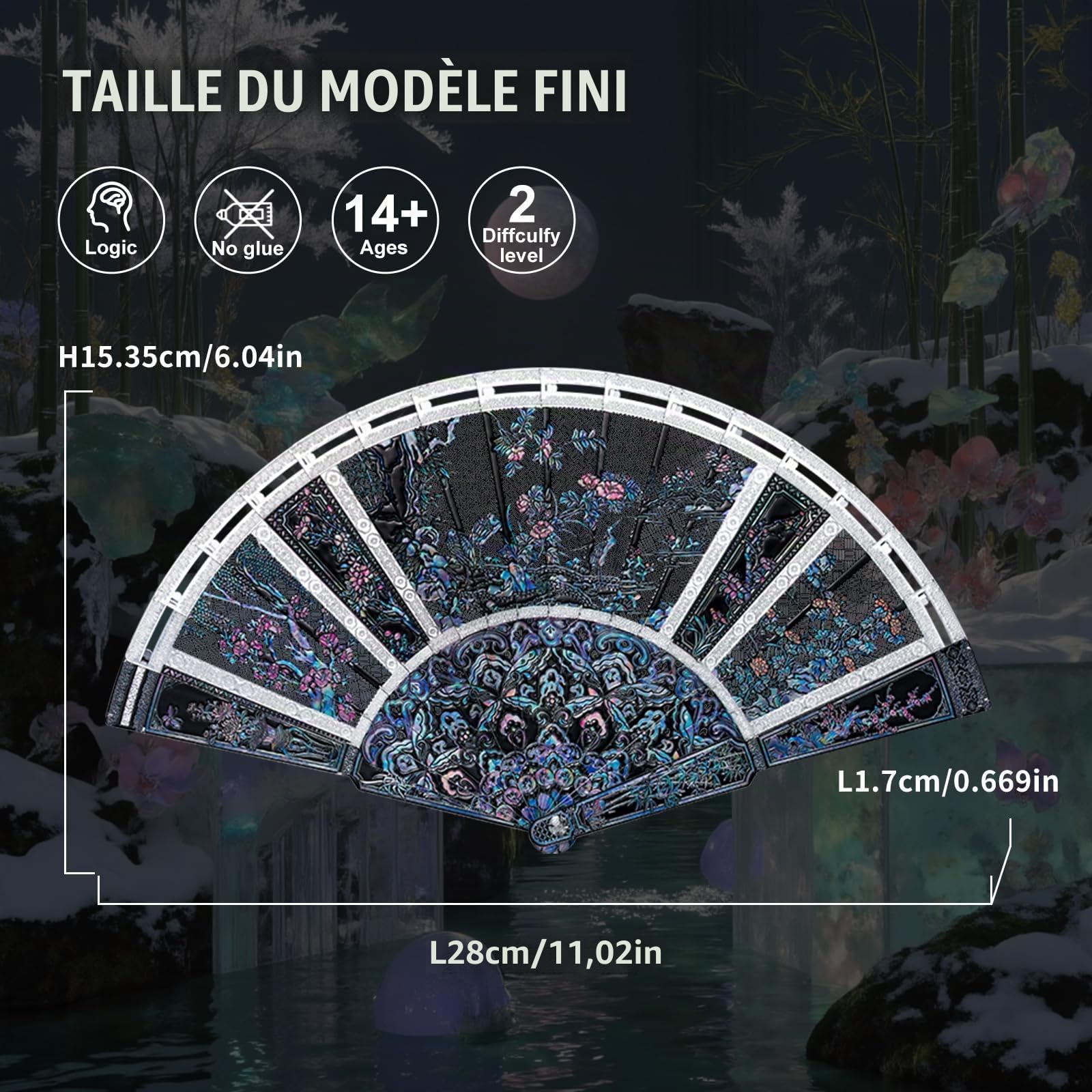 Piececool Puzzle 3D Metal Chinese Folding Fan Maquette Éventail Metal Puzzle 3D Adulte Construire de Acier Inoxydable 430,DIY Decoration, Home Decoration,Bleu