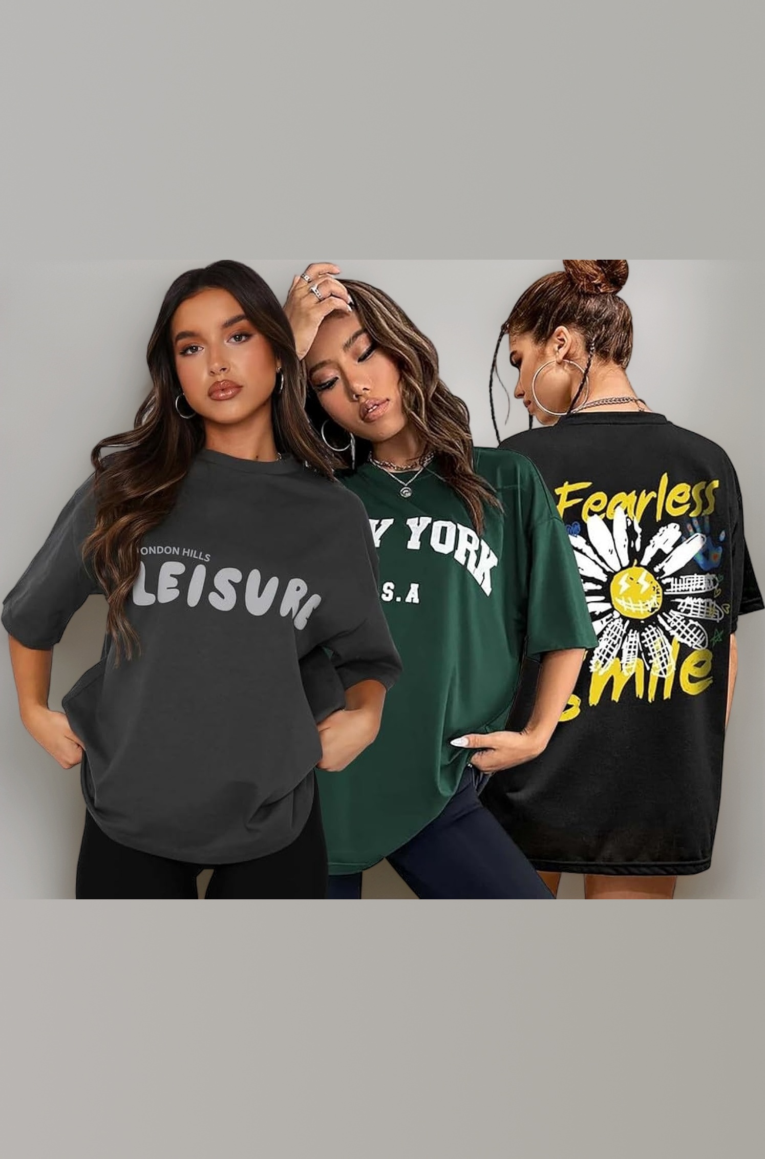 Women's Cotton Oversized Fit Printed Round Neck Oversized T-Shirt | Loose Fit Drop Shoulder T-Shirt Pack of 3