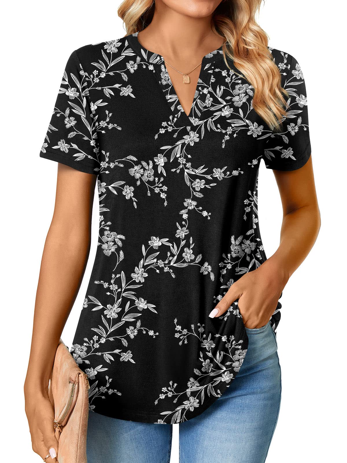 Anyhold Womens Summer Tops Notch V Neck Shirts Short Sleeve Loose Work Blouse