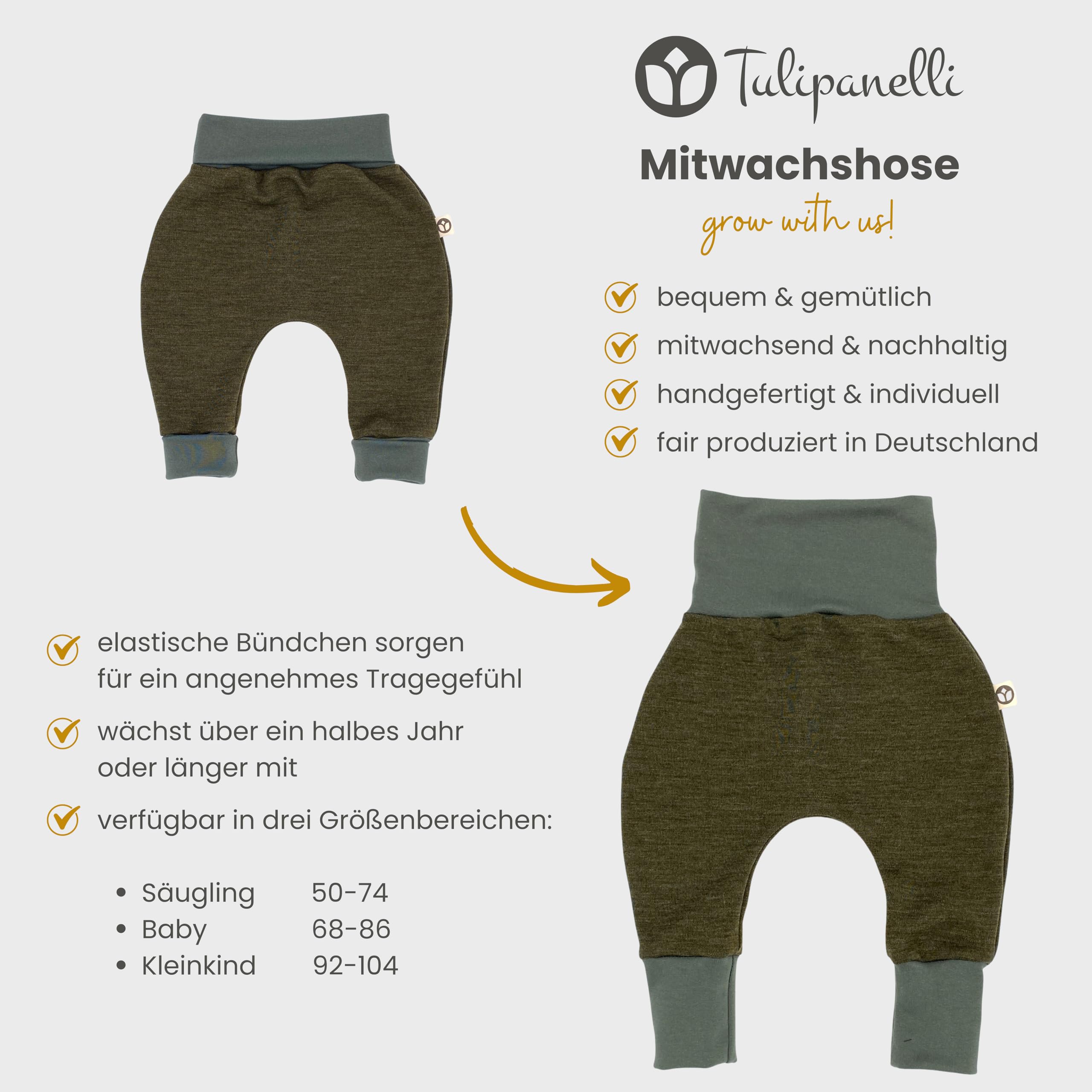 Tulipanelli Handmade Babyhose aus Merino Schurwolle - Wollhose für Babys und Kleinkinder aus Merino Wolljersey - Mitwachshose aus Merinowolle - Größen 50-74 | 68-86 | 92-104