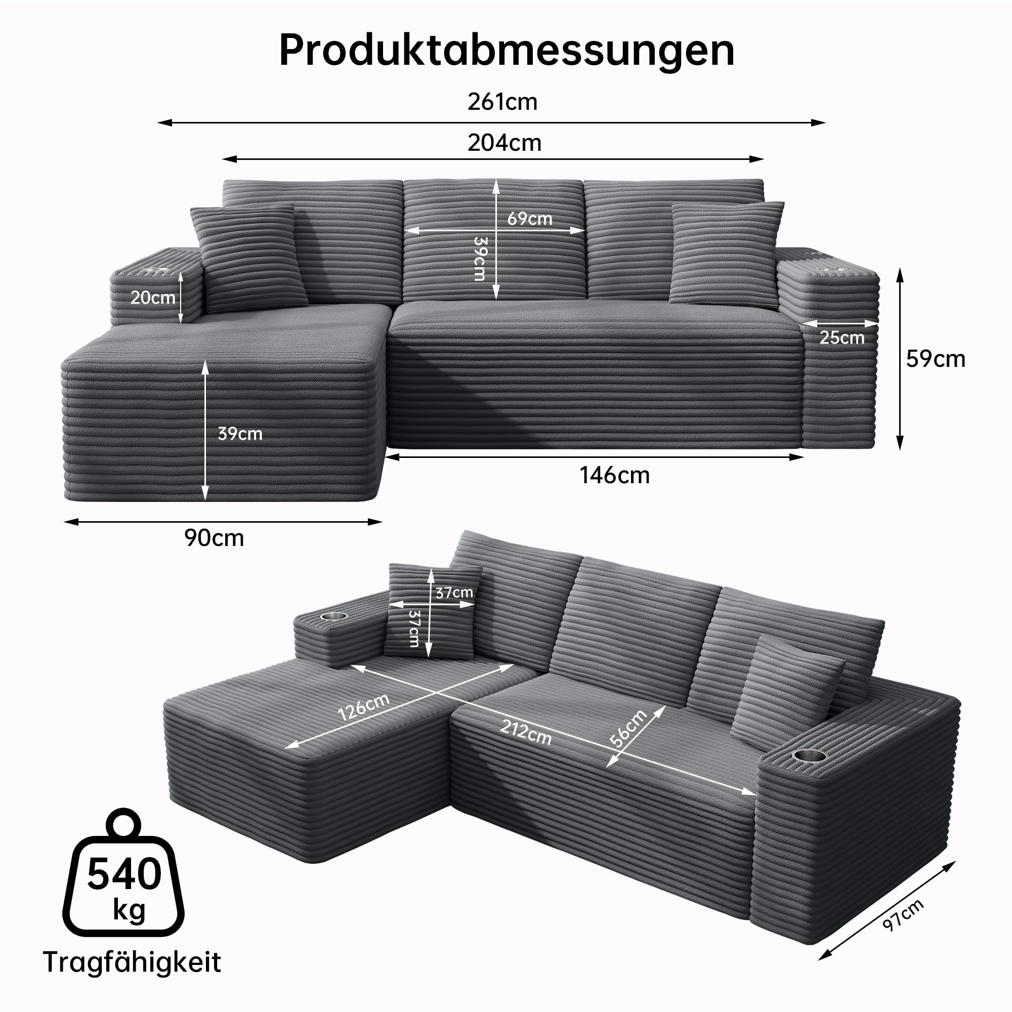 Sofá Esquinero, Modular Forma L Sofá de 3 Plazas, Sofa Chaise Longue para Sala de Estar, no Requiere Montaje, Tela de Pana, 261x126x59cm, Gris Oscuro