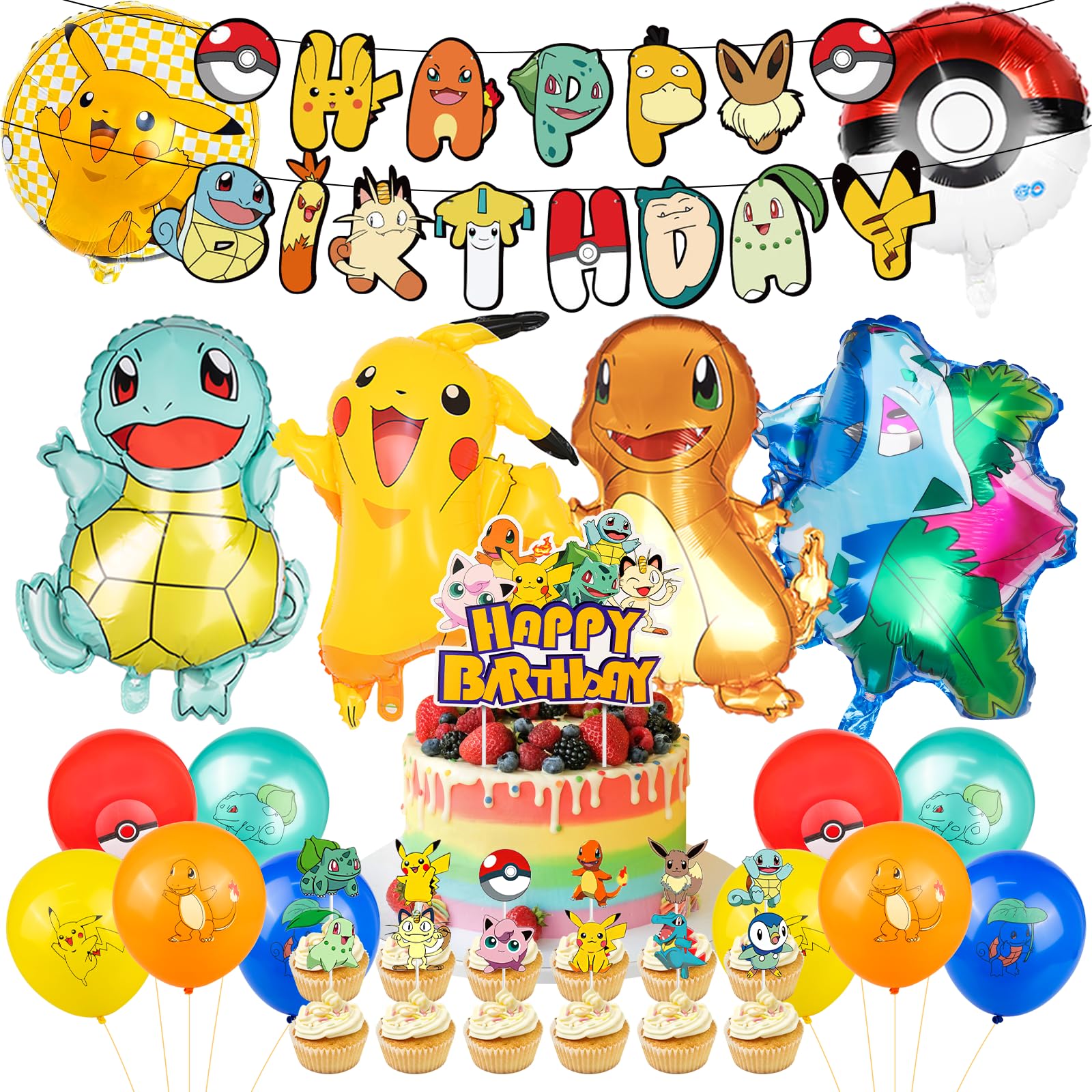 35Pcs Ballons Geburtstagsdeko,Luftballons Geburtstag Party Set, Happy Birthday Tortendeko Cake Topper Set, Anime Party Zubehör, Birthday Decorations