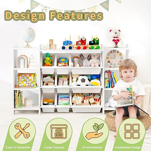 Miniatura 7 de MallBest Estante organizador de almacenamiento de juguetes para niños de 4 niveles, 100% madera maciza, armario organizador para niños con 9