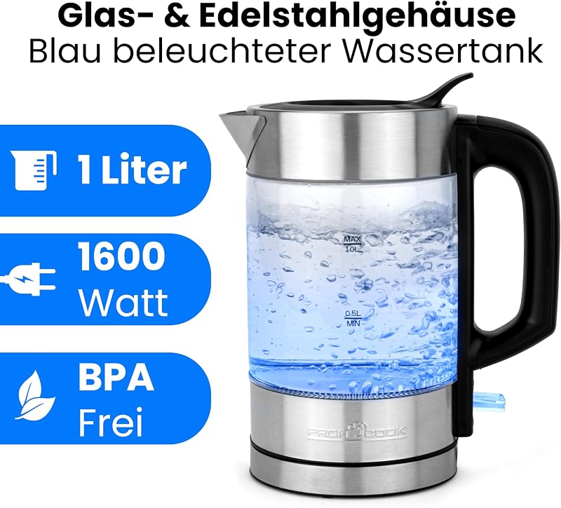 ProfiCook Vízforraló Rozsdamentes Acél 1L Kék Világítás 1600W