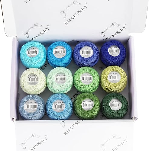 Rhapsody Hilo de algodón perla tamaño 8 hilo de ganchillo Perle 12 bolas de algodón egipcio mercerizado tejido a mano, bordado, sashiko, punto de