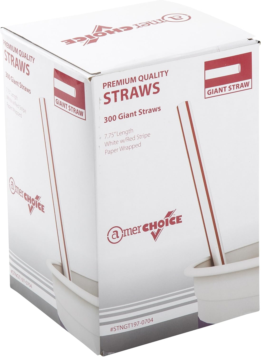 AmerCare 7.75 Inch Giant White with Red Stripes Paper Wrapped Straws, Case of 7200