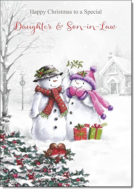 doodlecards Daughter & Son-In-Law Christmas Card Two Snowmen Medium Size with Plain Red Envelope