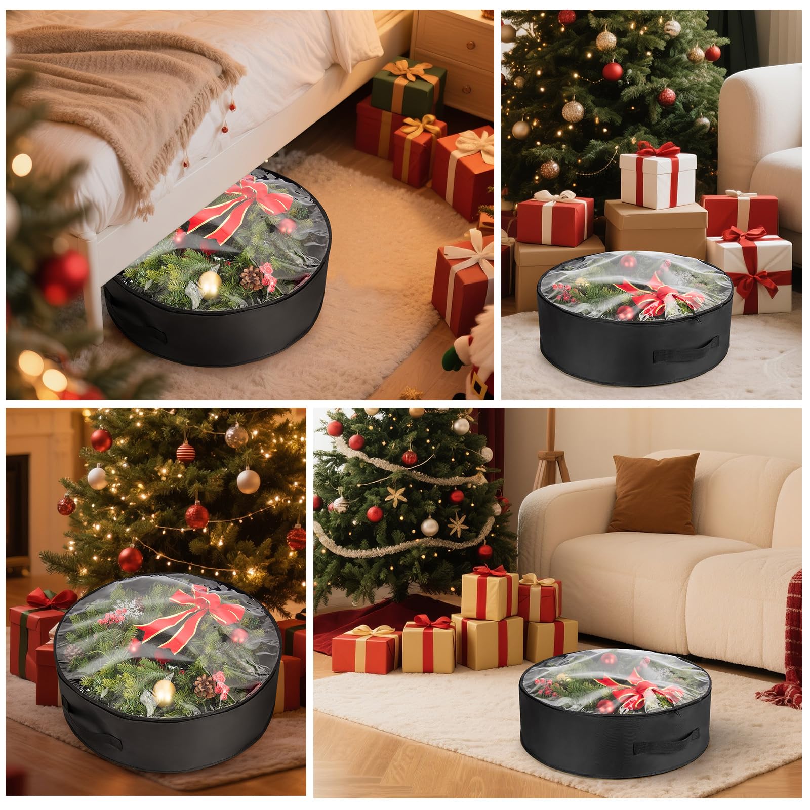 Weihnachtskranz-Aufbewahrungstaschen mit transparentem Fenster, wasserdicht, schwarz, PE/PVC, Urlaubsdekor, Organizer für Girlande, Ornamente, Reißverschluss und Griff (61 x 20 cm)