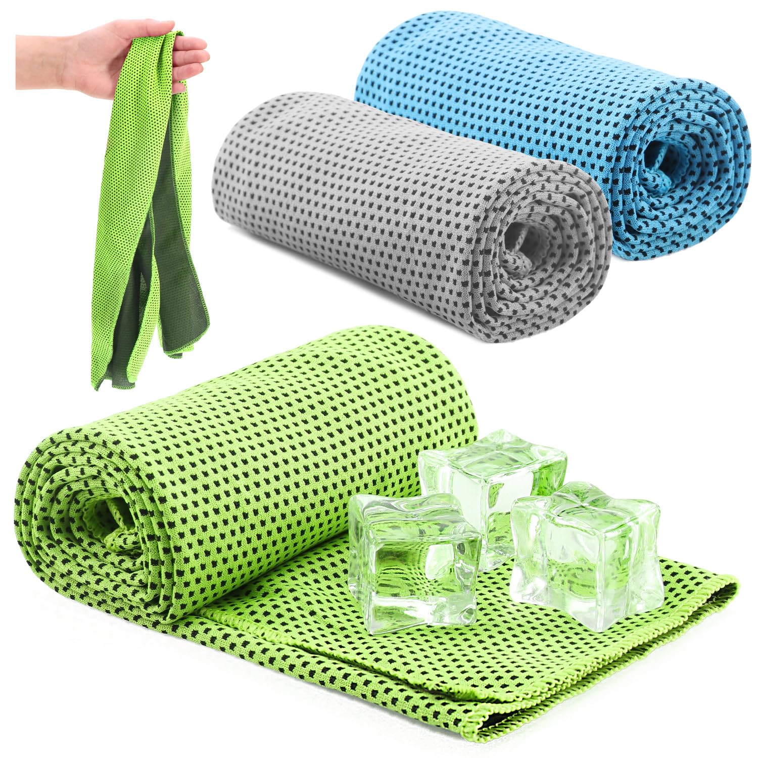 com-four® 3X Asciugamano rinfrescante - Asciugamano rinfrescante per Calore, Stanchezza, Sforzo, Sport (3X Panno - Blu/Verde/Grigio)