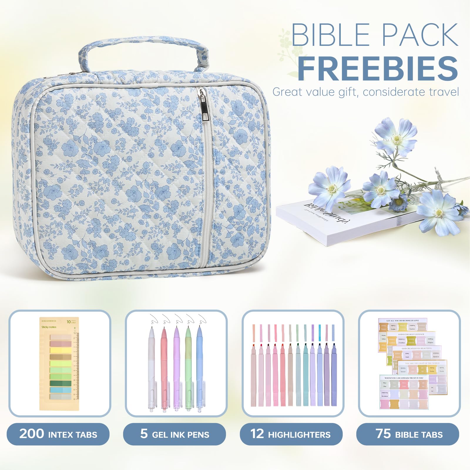 Funda para la Biblia para mujer, funda de bolsa de la Biblia con asa duradera, funda acolchada para transporte de la Biblia para niñas, accesorios de estudio de la Biblia (flor azul)