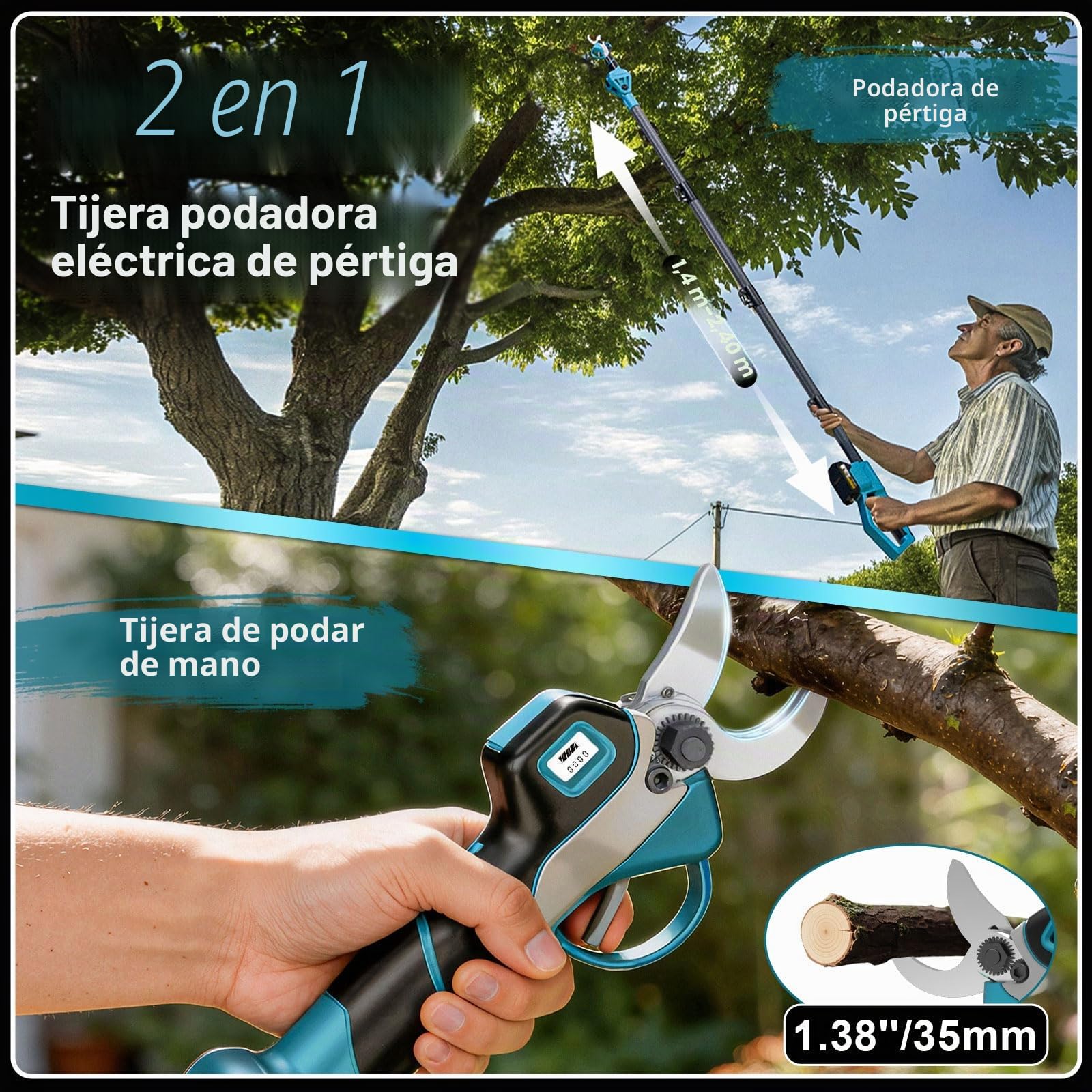 Tijeras de Podar Eléctricas con Palo Telescópico – Hasta 4,2 m de Alcance, motor sin escobillas, Tijeras de Podar Batería con 2 * Baterías y 3 pares de Hoja SK5, para Jardinería, Adecuado Granjas