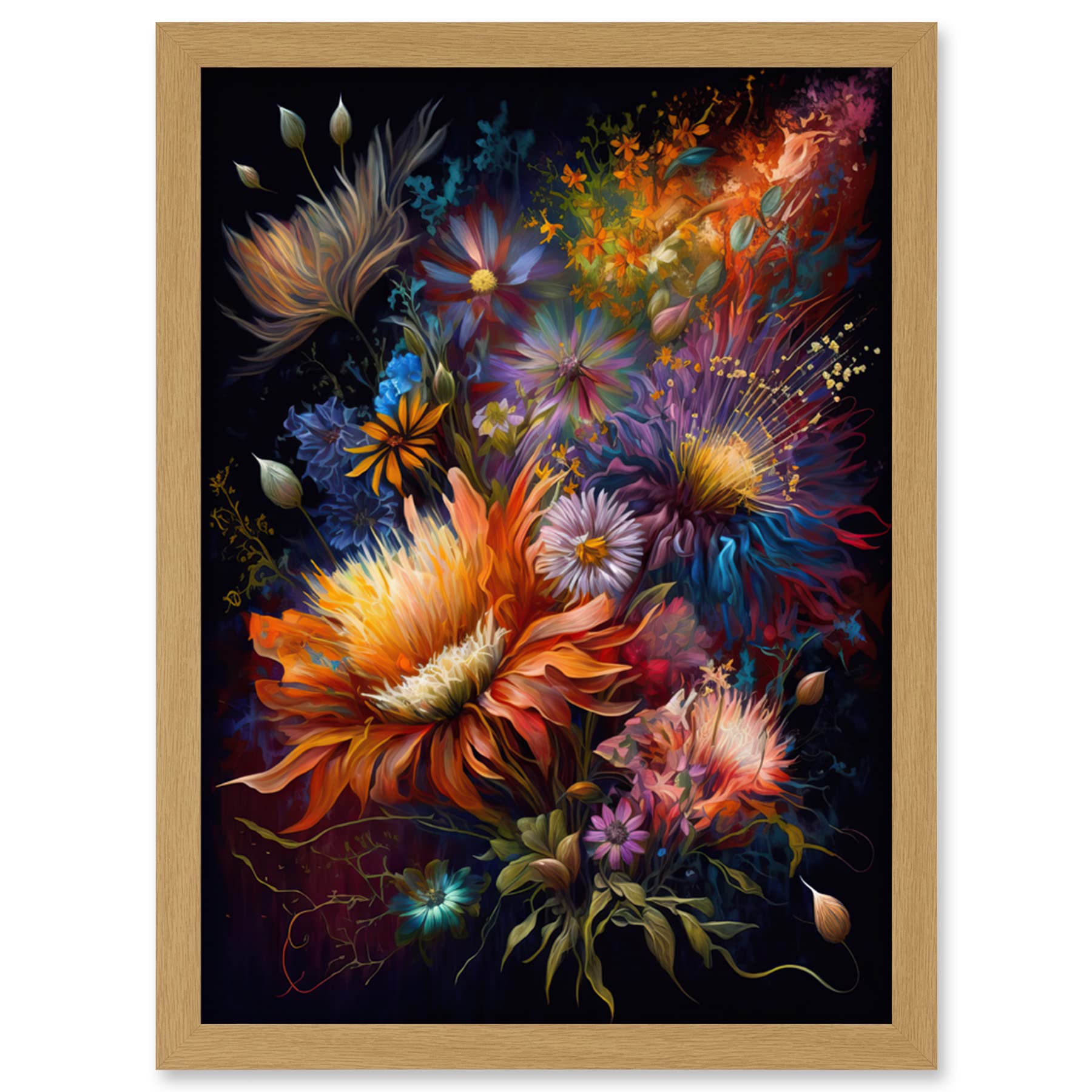 Artery8 Wildflower Bouquet Pink Blue Orange Floral Art Artwork Framed Wall Art Print A4