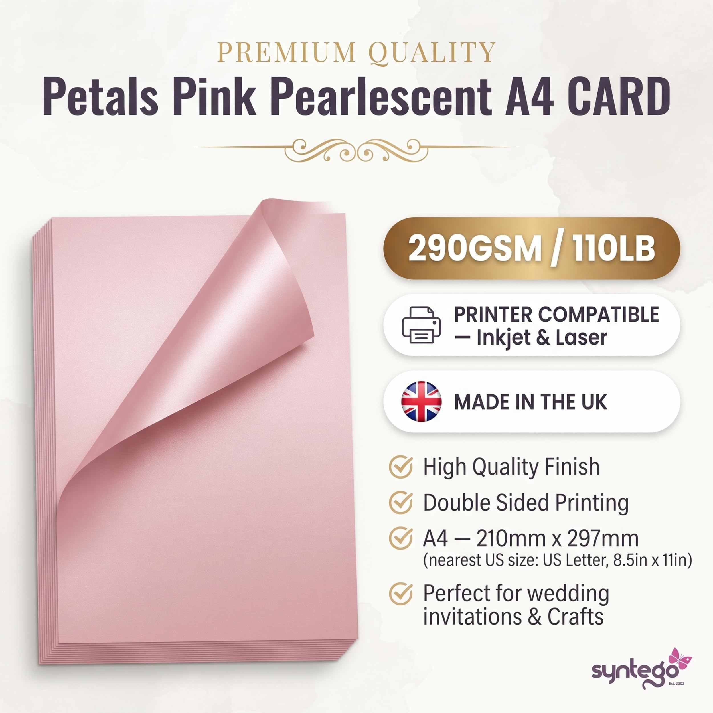 Syntego Petals Pink Pearlescent Shimmer Tarjeta decorativa A4 de doble cara, 290 g/m² (50)
